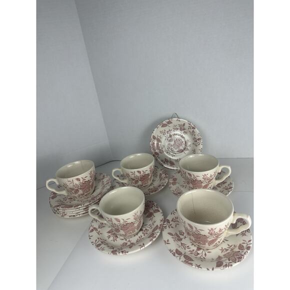 Red / Pink Transferware Cup and Saucer EIT England Roses Floral 15 Pieces - Picture 1 of 8